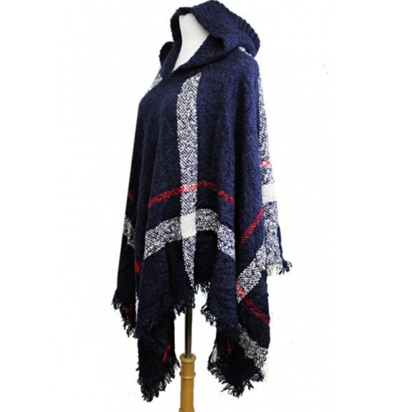 SOLD OUT SALE Plaid Knit Fringe Hoodie Cape Poncho Sweater - Picture 2 of 5